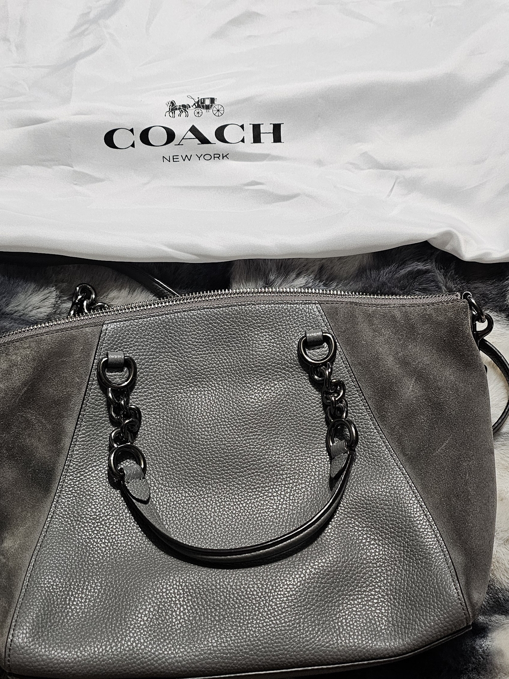 COACH Gray Suede & Pebbled Leather Chain-Handle Tote